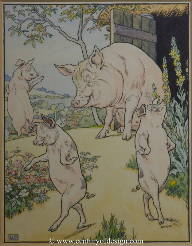 Leonard Leslie Brooke, three little pigs, watercolours