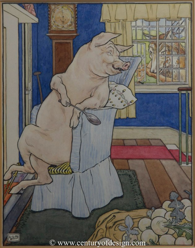 Leonard Leslie Brooke, three little pigs, watercolours